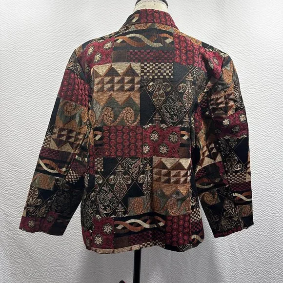 Vintage Tapestry Earth Tone Mandarin Full Zip jacket color blocked 2X - Picture 5 of 9